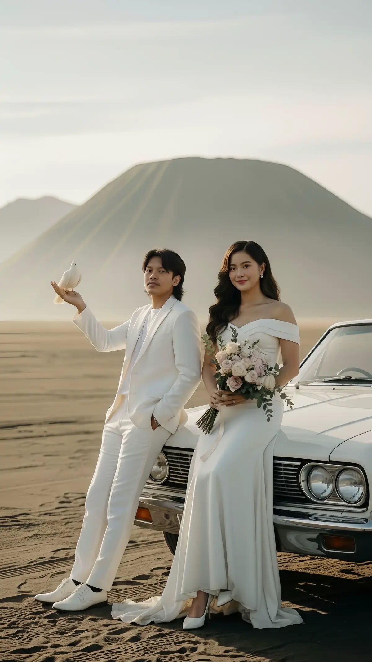 Ide konsep prewed di Bromo✨ . . . . .Prompt GEMINI : A realistic wedding photo in 9:16 aspect ratio, showing a very handsome young Indonesian man with a black hairstyle middle part reaching his forehead, and a very beautiful young Indonesian woman with a fuller body and long straight voluminous black hair. The couple is standing on the vast sandy plains of Mount Bromo, with majestic mountains and a misty atmosphere in the background. The natural golden light enhances the dramatic and romantic mood. The woman wears an elegant off-shoulder white wedding gown with a flowing skirt, holding a bouquet of pastel roses with greenery. The man wears a full white outfit with a white suit jacket, trousers, shirt, and shoes.They embrace each other intimately the man holding the woman close with one arm around her back, while his other hand gently rests on her chest near the heart.The woman’s arms are wrapped around his shoulders as they share a soft kise creating a deeply romantic and cinematic wedding moment. #prewedding #prewed #bromo #gemini #fyppppppppppppppppppppppp 