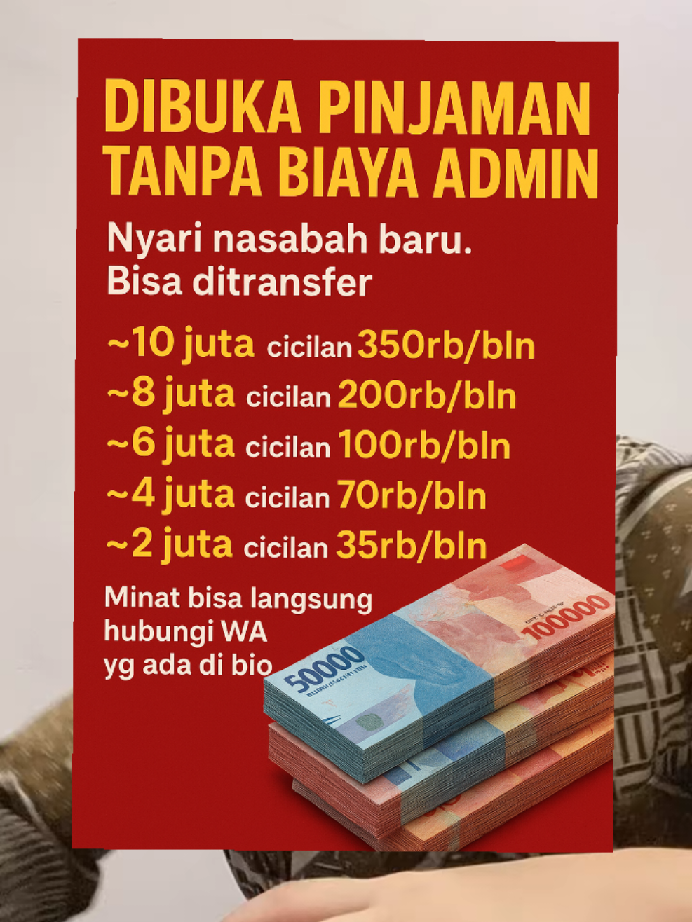 💸 Pinjaman tanpa biaya admin! Langsung cair, cicilan ringan, proses gampang 🤝 Buruan daftar sekarang sebelum kuota habis! 🚀 Hubungi WA di bio untuk info lebih lanjut 📲 #PinjamanTanpaRibet #PinjamanCepat #CicilanRingan #PinjamanOnline #DanaCepat 