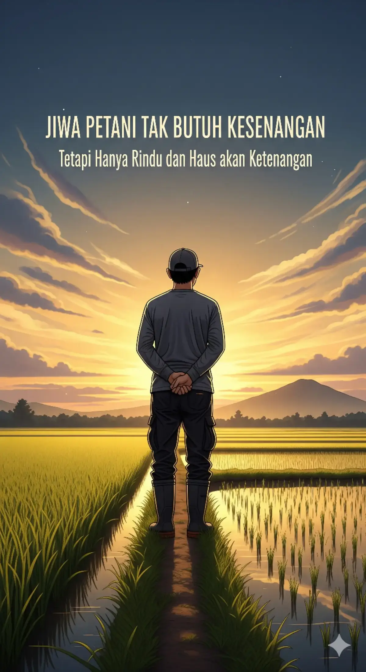 Jiwa petani tak haus akan kesenangan, sebab hidupnya bukan untuk mengejar gemerlap dunia yang fana. Mereka tidak sibuk mencari sorak sorai pesta, tidak pula larut dalam hingar bingar kemewahan. Yang mereka rindukan hanyalah ketenangan—ketenangan yang lahir dari tanah basah yang digarap dengan peluh, dari benih yang tumbuh menjadi harapan, dari angin yang berhembus di tengah hamparan sawah yang hijau. Petani menemukan bahagianya ketika fajar menyingsing dan langkah kaki pertama menapak pematang, ketika suara burung bersahutan seolah menyanyikan doa untuk hari baru. Mereka merasa cukup saat bisa membawa pulang hasil panen untuk keluarga, sekalipun sederhana, asal jujur dari kerja keras sendiri. Kesenangan bisa hilang dalam sekejap, namun ketenangan jiwa akan selalu tinggal. Itulah harta sejati seorang petani: hidup sederhana, hati lapang, dan rasa syukur yang tak pernah habis.” #motivasipetani #petanimilenial #PetaniMuda #petaniindonesia🇮🇩🇮🇩🇮🇩🌿🌿 