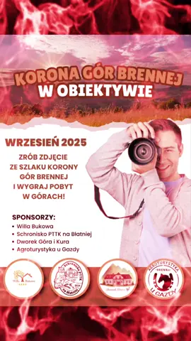 We wrześniu wyrusz na szlak Korony Gór Brennej i… wygraj pobyt w górach! Zabierz aparat, telefon, a nawet starą kliszę. Nie chodzi o perfekcyjne kadry – pokaż emocje, wiatr we włosach, zmęczenie po stromym podejściu, zachwyt nad widokiem i radość z bycia w górach. Może być pięknie, może być zabawnie – ważne, by było prawdziwie!  Co zrobić? 🔹 Weź udział w wydarzeniu Korona Gór Brennej. 🔹 Wykonaj zdjęcia na trasach Korony Gór Brennej między 1 a 30 września 2025 r. 🔹 Pokaż piękno przyrody i górskich krajobrazów Brennej. 🔹 Wyślij maksymalnie 2 fotografie na adres koronagorbrennej@gmail.com  i potwierdź zgłoszenie na naszym Messengerze. Do wygrania noclegi w klimatycznych miejscach Brennej ufundowane przez: 🔸 Willa Bukowa Brenna  🔸 Błatnia - Schronisko PTTK na Błatniej  🔸 Dworek Góra i Kura  🔸 Agroturystyka U Gazdy  Pamiętaj, nie musisz być zawodowcem, liczy się pomysł i miłość do gór!  Ukończ wyzwanie Korona Gór Brennej, weź udział w konkursie i pokaż nam górskie wędrówki w obiektywie Twojego aparatu! Szczegółowe informacje i regulamin znajdziecie na: https://turysta.brenna.org.pl/pl/konkurs-fotograficzny-korona-gor-brennej-w-obiektywie #challenge  #photography #brenna #besidomaniacy #koronagorbrennej 