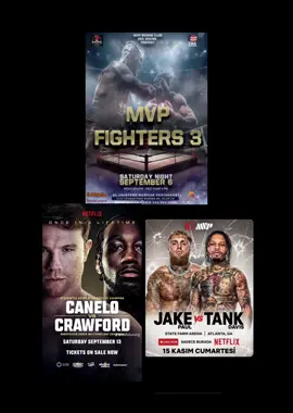 Event: MVP FIGHTERS 3  Date: September 6, 2025 Venue: El Jalapeño restaurant Location: Niles, Ohio #eljalapenoboxingleague #rain111  Event: Canelo Álvarez vs. Terence Crawford Date: Saturday, September 13, 2025 Venue: Allegiant Stadium Location: Las Vegas, Nevada, USA #canelovscrawford Jake Paul vs Gervonta Davis Venue: State Farm Arena Location: Atlanta, Georgia Date: Friday, November 14, 2025 Broadcaster: Netflix #paulvsdavis #netflix