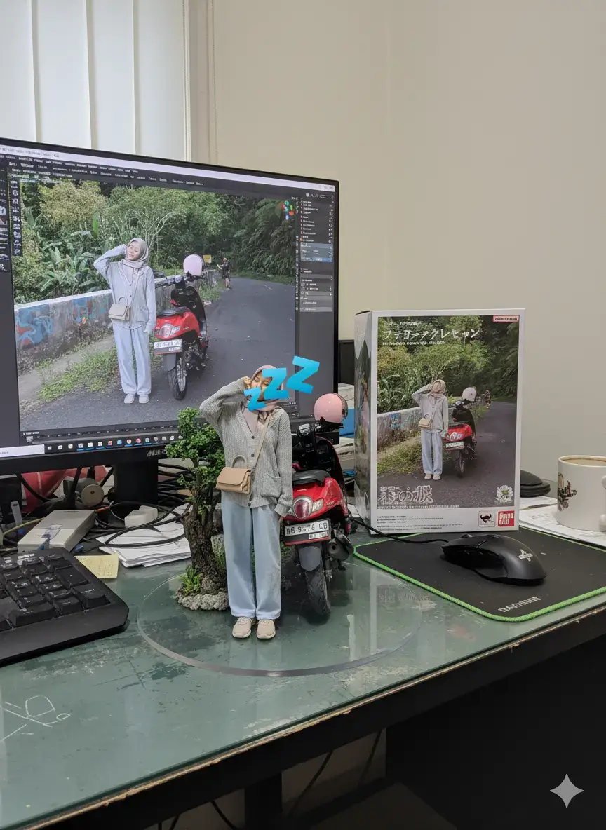 1. Pergi ke gugel chrome 2. Cari gemini ai 3. Pilih logo foto 4. Lalu klik + 5. Masukan foto yang di inginkan 6. Lalu tulis Create 1/18th scale comercial sculpture form the image, in a realistic style, in a real-life environment. The sculpture is placed on a computer desk. The sculpture has a transparent acrylic base, with no text on the base. The content on the computer screen on the Zbrush modeling process of the figure. Next to the computer screen is a frame containing the photo printed with the original artwork. SELAMAT MENCOBA #tutorial  #fouryou #trend  #trendminiatur #gemini 
