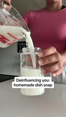Homemade liquid dish soap: ✨it’s cheap ✨it’s all natural ✨it won’t dry your hands out 3/4 cups hot water 1 cup of soap (liquid Castile soap or soap bars both work) 1/3 cup baking soda or washing soda If using a solid soap bar, shave it and melt it in a pot Once melted add in the water Mix in the baking soda That’s it !  #deinfluencing #homemadedishsoap 