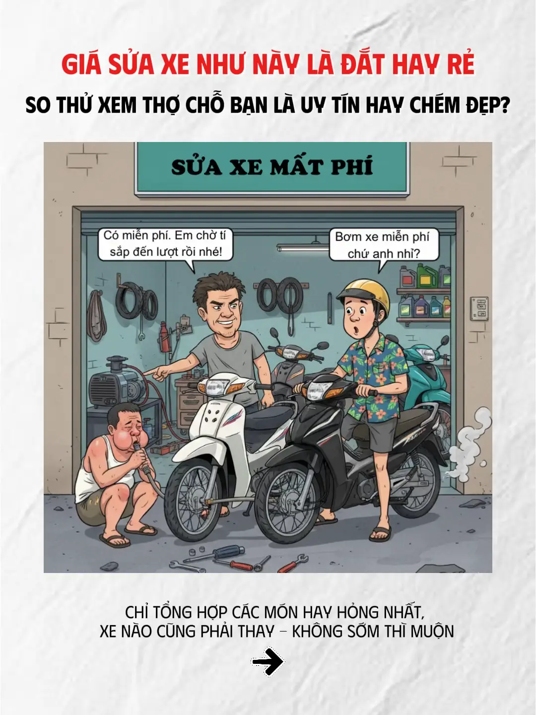 Em đã chầu trực nằm vùng các tiệm sửa xe để hỏi nhanh 39 người vừa bước ra khỏi tiệm mới tổng hợp được giá thực tế như trên. 👆🏻 Nhờ các bác check giá bổ sung thêm để mọi người cùng biết và xem lại khi cần nhé!! 😆 Các bác đọc thêm bài “5 chiều trò lùa gà của thợ không uy tín” để tránh mất tiền oan khi đi sửa xe ở ngay dưới đây luôn 👇 #xemay #LearnOnTikTok #fyp @Xe hỏng lười sửa 