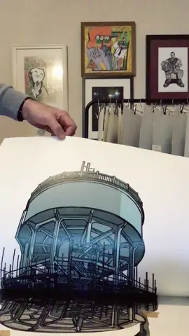 My water tower print. A study in complex scaffolding! #industrialart #printmaking #linocut #scaffolding