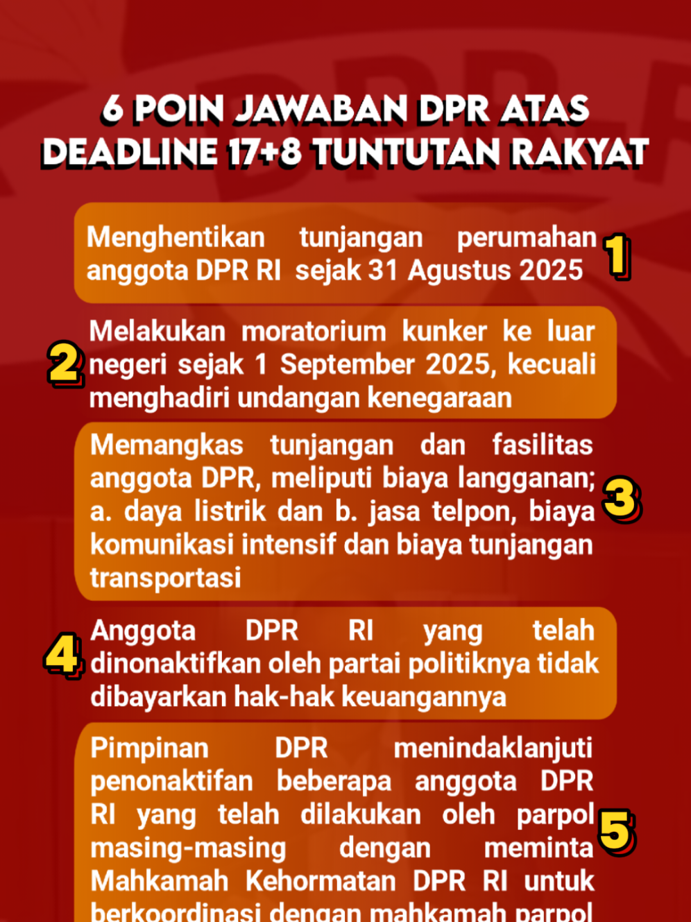 6 poin jawaban DPR RI atas deadline 5 September 2025 tentang 17+8 tuntutan rakyat #koruptor #dprri #fypindonesiaシ #demomahasiswa #prabowosubianto 