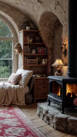 This cave style house is so beautiful! 😌🥰  The best shelter for rainy days, the calm in this room is amazing. Imagine stay here, the sound of rain to combination with the soft crackling fireplace sound created a melodies for relaxing your mind and body  If you love sound of rain, cozy ambience and fireplace sounds, follow us for more relaxing videos 🥰😌 #cave #shelter #rain #rainyday #relaxingvideos 