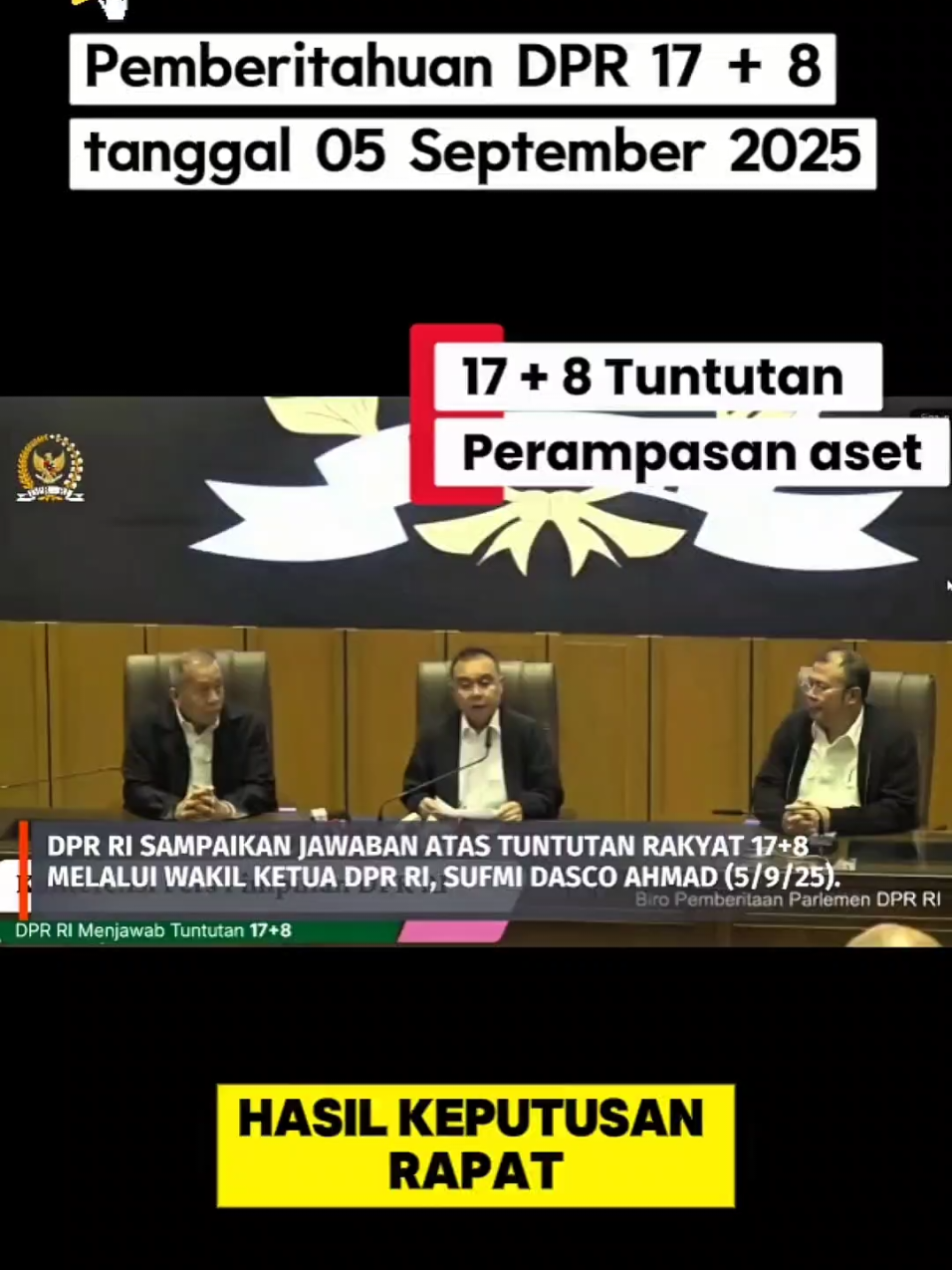 Wakil Ketua DPR RI Sufmi Dasco bacakan keputusan DPR RI atas tuntutan 17+8 yang disampaikan oleh rakyat (5/9/25). Terdapat enam poin dalam keputusan tersebut, salah satunya penghentian tunjangan perumahan bagi anggota DPR RI.