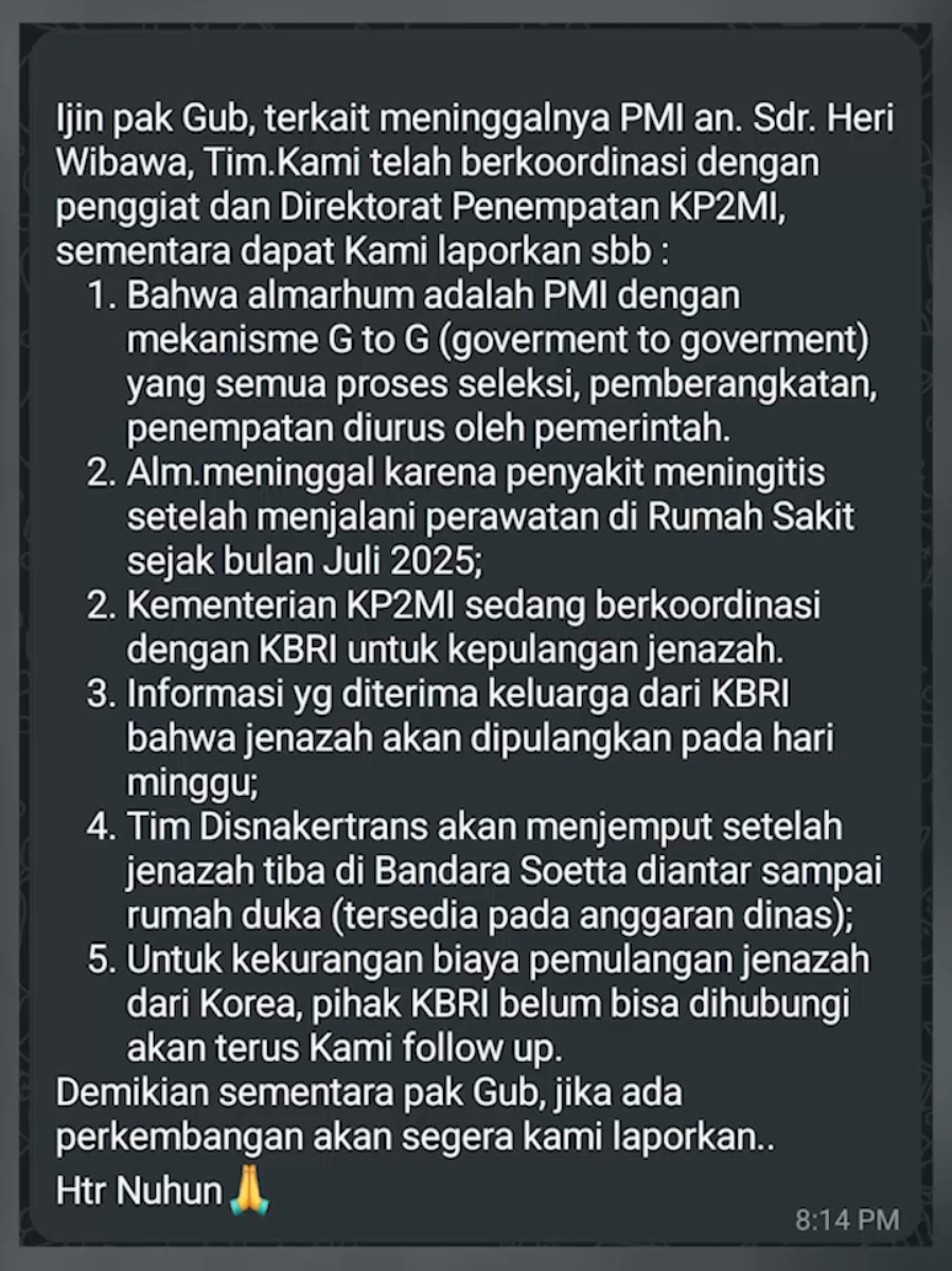 Perkembangan terbaru meninggalnya WNI asal Sukabumi Heri Wibawa di Korea Selatan