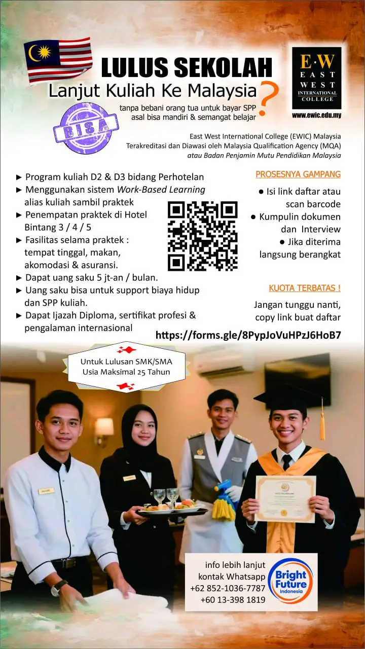 Buat kamu lulusan SMA / SMK / MA / SEDERAJAT, yang masih bingung mau ngapain karena masih nganggur ? yuk masih ada waktu untuk mulai melangkah ! Tentukan nasibmu segera ! karena masa depan harus kita kejar. Spill info lebih lanjut, DM / kontak Whatsapp : +62 852-1036-7787 / +60 13-398 1819 #malaysia #WorkBasedLearning #KuliahPerhotelan #ManagemenPerhotelan #perhotelan 