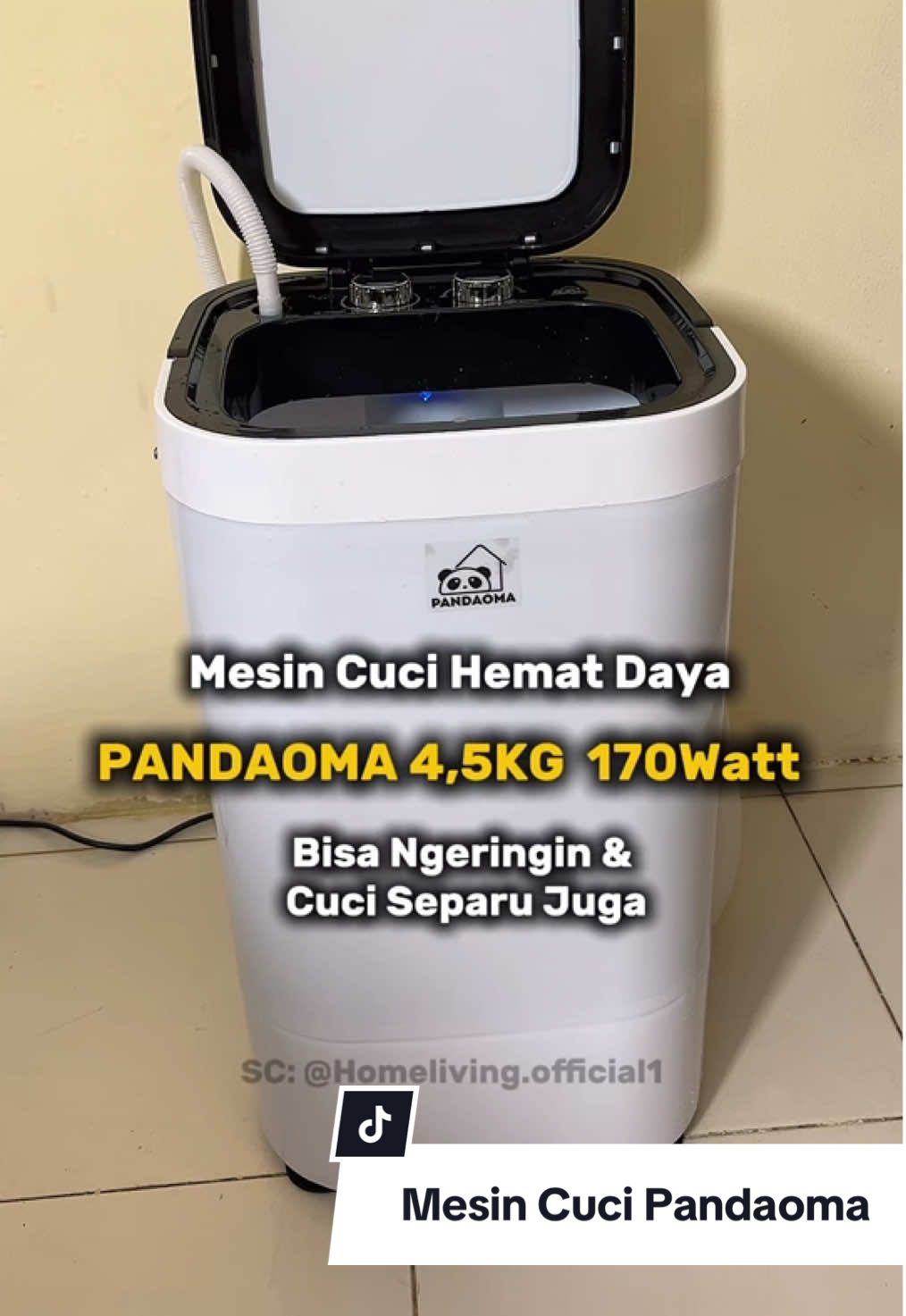 Mesin cuci Pandaoma 4,5KG hemat daya 170W bisa cuci baju 6-9 piece untuk celana jeans 2-3 piece sudah dapet keranjang pengering dan sikat buat cuci sepatu. CO harga promo hanya di keranjang kuning. #mesincuci #mesincucipandaoma #mesincucimini #gajiansale #promoguncang99 