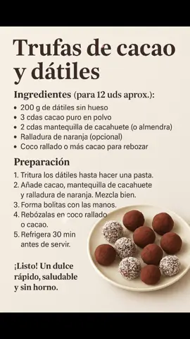 ✨ Trufas caseras de cacao y dátiles ✨ Un capricho dulce, saludable y con solo 3 ingredientes. Perfectas para darte un gusto sin complicaciones 😋🍫 👉 ¿Te animas a probarlas? #trufas #recetasfáciles #postresaludable #cocinaencasa #recetascaseras 