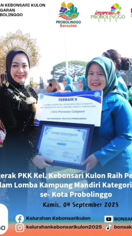 Tim Penggerak PKK Kel. Kebonsari Kulon Raih Pelaksana Terbaik ke- 2 dalam Lomba Kampung Mandiri Kategori Strata Madya se- Kota Probolinggo. Trophy penghargaan diserahkan langsung oleh Ketua TP PKK Kota Probolinggo Ibu Dr. Evariani Aminuddin, M.Kes dan diterima oleh Ketua TP PKK Kel. Kebonsari Kulon Ibu Jita Olisa pd hari Kamis, 04 September 2025 di Stadion Bayuangga bersamaan dgn Apel Hari Jadi Kota Probolinggo ke-666   #KampungMandiri #tppkk #HUTProb666 #HUTRIke80 #ProbolinggoBersolek 