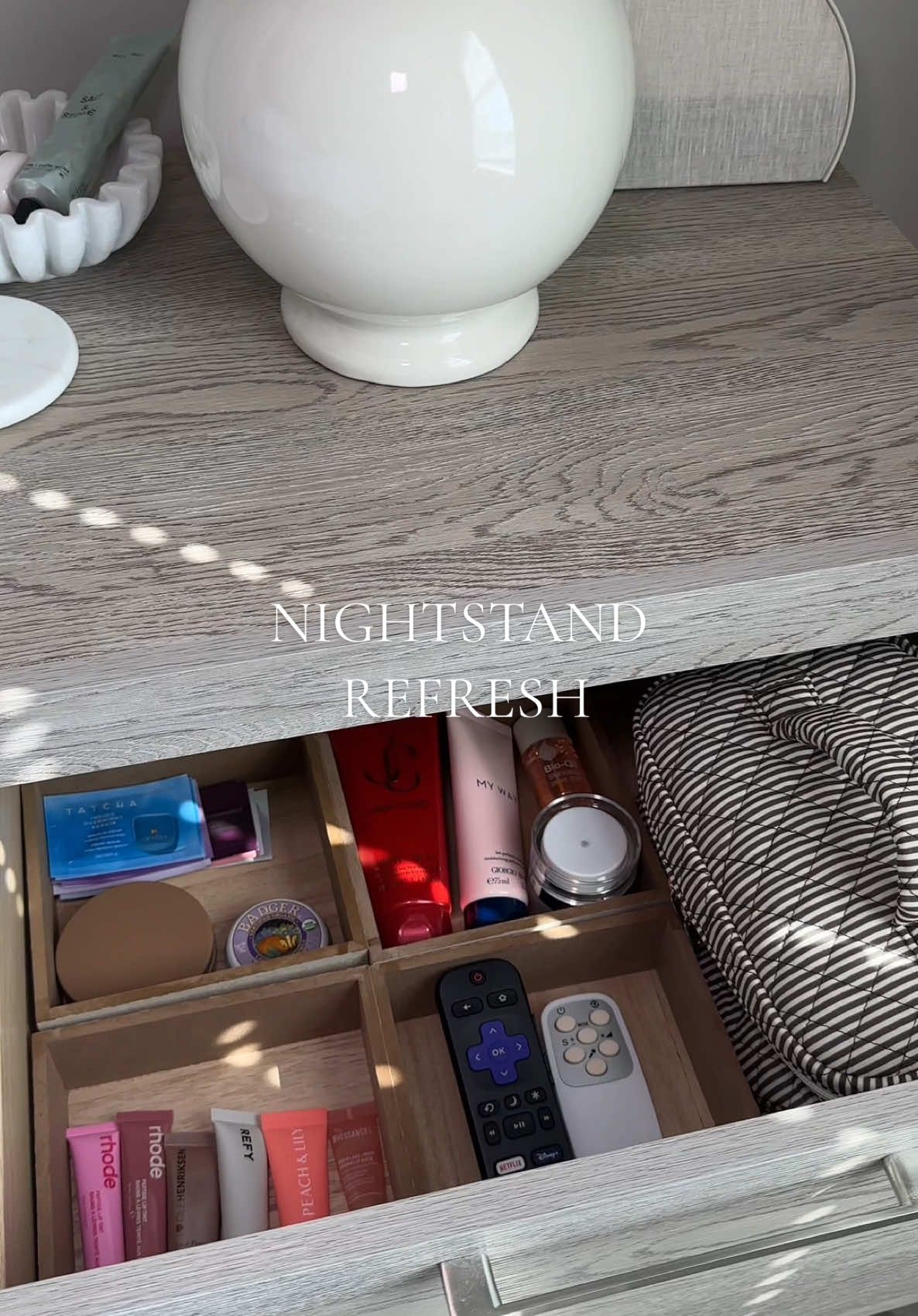 Long overdue nightstand refresh 🌙 I had to restock my Rhode lip products for the Sephora launch #restock #nightstand #organize #organizedhome #organization  @rhode skin @Olehenriksen @Roku @Wayfair 