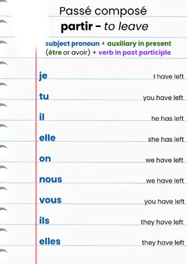 Let's conjugate the verb 'partir', which means 'to leave' in French in the passé composé. When conjugating in the passé composé, don't forget this formula: subject pronoun + auxiliary verb in present (être or avoir) + verb in past participle 'Partir' is a movement verb so it must be conjugated with 'être' in the passé composé. When using 'être' as the auxiliary, all past participle verbs MUST agree in number and gender with the subject used. You will see below. ⬇️ je suis parti(e) - I left, I have left, I did leave tu es parti(e) - you left, you have left, you did leave il est parti - he left, he has left, he did leave elle est partie - she left, she has left, she did leave on est parti(e)(s) - we left, we have left, we did leave nous sommes parti(e)s - we left, we have left, we did leave vous êtes parti(e)s - you left, you have left, you did leave ils sont partis - they left, they have left, they did leave elles sont parties - they left, they have left, they did leave _________________ Study smarter with @gcsefrenchprep lessons! Learn French online, get expert exam tips, and achieve a Grade 9. #frenchbasics #howtostudy #frenchcourse #practicalexam #finalexamstudytips