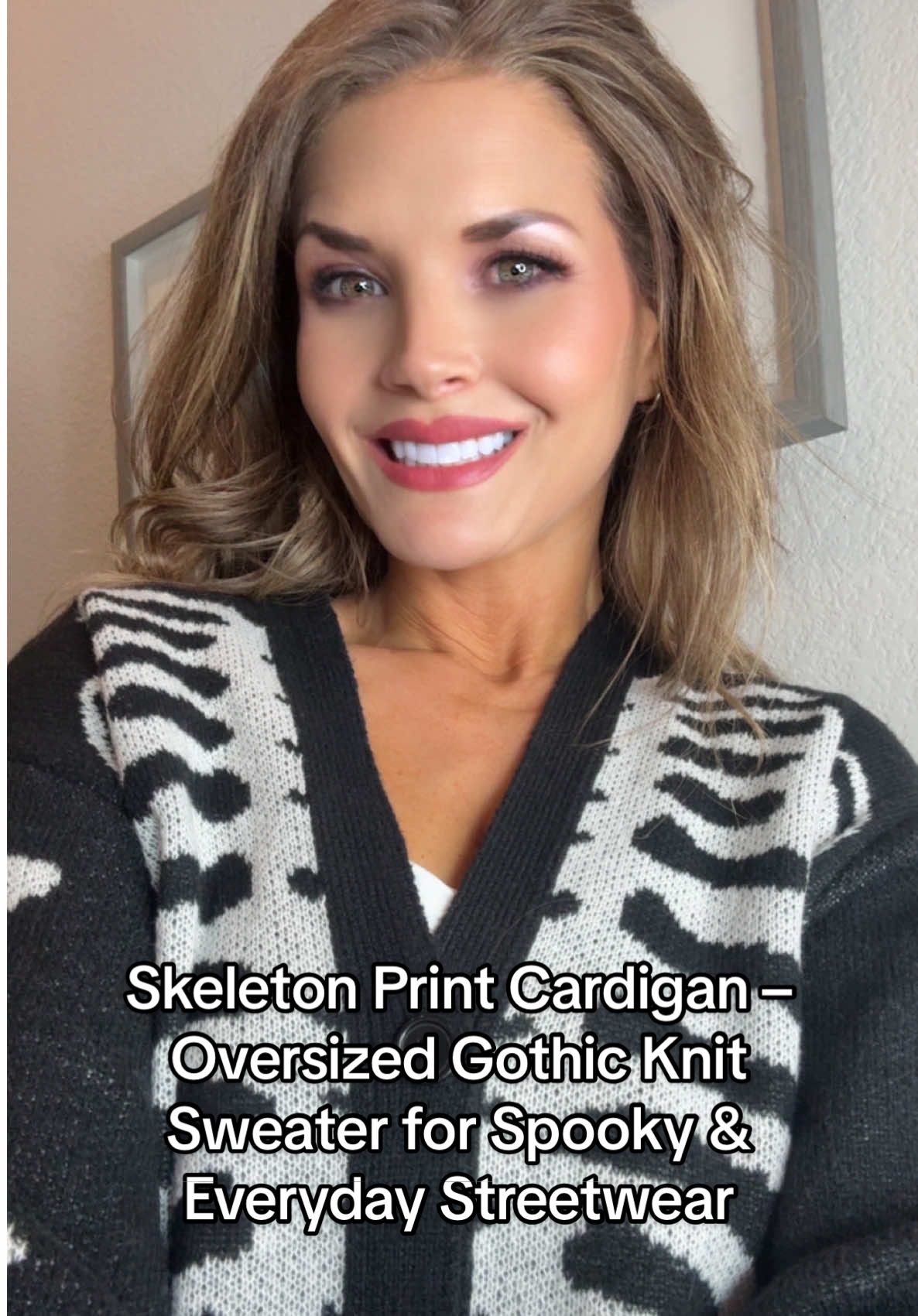 Not just a Halloween vibe… this skeleton cardigan is an all-year mood. 🦴✨ Pair it with boots and call it your villain era uniform. #halloweensweater #gothgirl #skeletonaesthetic #spookyseason #halloweenfashion 