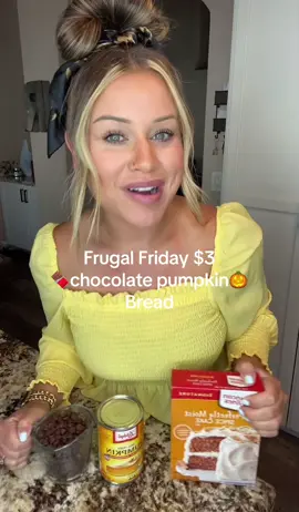 🎃$3 chocolate pumpkin bread! I’ve been making this for years and it’s a hit everytime! Its too good not to re-share.  1 box spice cake mix 1 can pumpkin puree 15oz 1 cup chocolate chips Bake accoring to the box or until toothpick comes out clean #frugalfriday #pumpkinspice #pumkinrecipes #cheaprecipes #EasyRecipe 