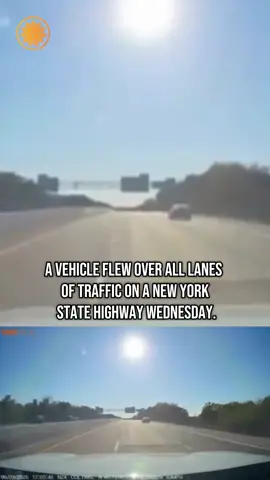 A vehicle flew over all lanes of traffic on a New York State highway on Wednesday. The 70-year-old driver veered off a service road, shot across an embankment, then went airborne, but escaped with minor injuries.