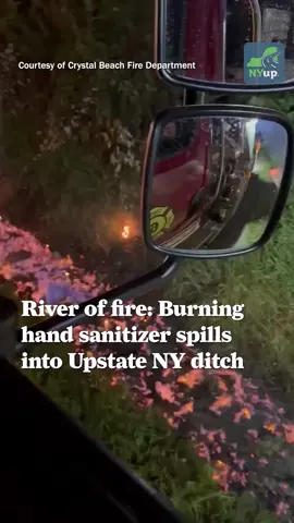 A stream of burning hand sanitizer flowed down from a warehouse fire in Upstate New York and into a ditch on Saturday. It created a river of fire as the burning chemical floated on top of the water in the ditch. 