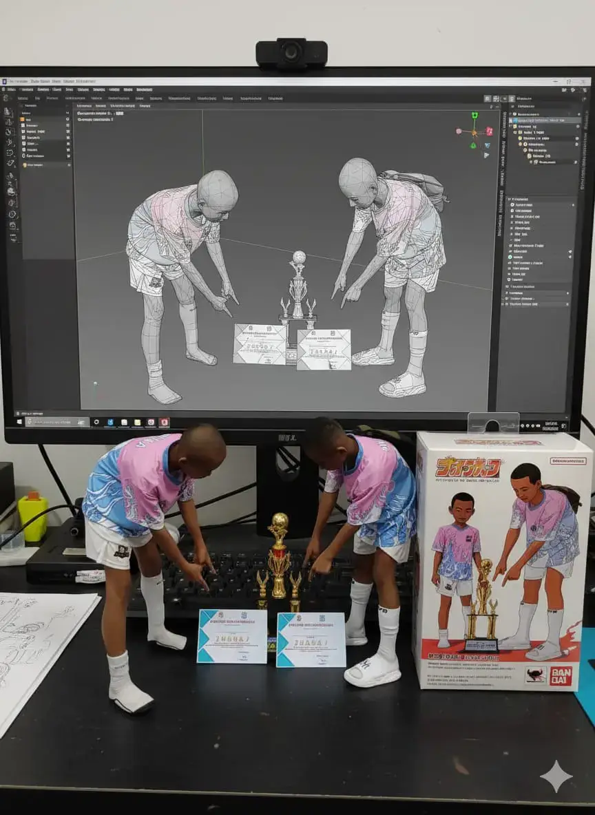 caranya : 1.Buka Google Gemini 2.Masukkan Gambar 3.Copy Prompt dibawah # . Using the model, create a 1/7 scale commercialized figurine of the characters in the picture, in a realistic style, in a real environment. The figurine is placed on a computer desk. The figurine has a round transparent acrylic base, with no text on the base. The content on the computer screen is the Zbrush modeling process of this figurine. Next to the computer screen is a BANDAI-style toy packaging box printed with the original artwork. The packaging features two-dimensional flat illustrations. #miniatur #miniatursepakbola #trendtiktok 