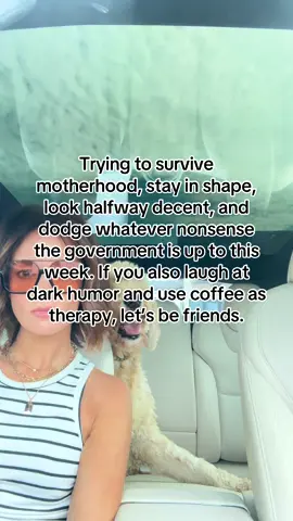 My survival kit. Large sunglasses, coffee and a cute dog.  