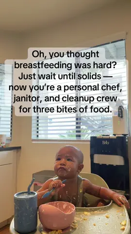 Breastfeeding was hard BUT this is a new level of hard. The mornings blow by so fast— I change her diaper, let her play while I make breakfast, give her breakfast, let her enjoy eating and exploring her food, rinse her off from her mess, then breastfeed her again cuz often times she’s already ready for a nap. Then, time to clean her dishes and the floor. And we have to do this 3x a day?!?! Man, it’s a lot!!!! #solids #babyeatingfood #fyp #ftm 