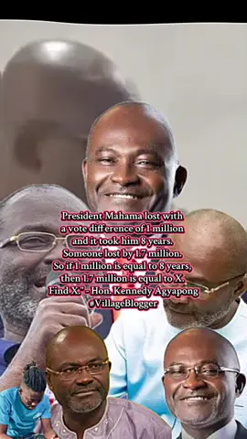 President Mahama lost with a vote difference of 1 million and it took him 8 years. Someone lost by 1.7 million. So if 1 million is equal to 8 years, then 1.7 million is equal to X. Find X.