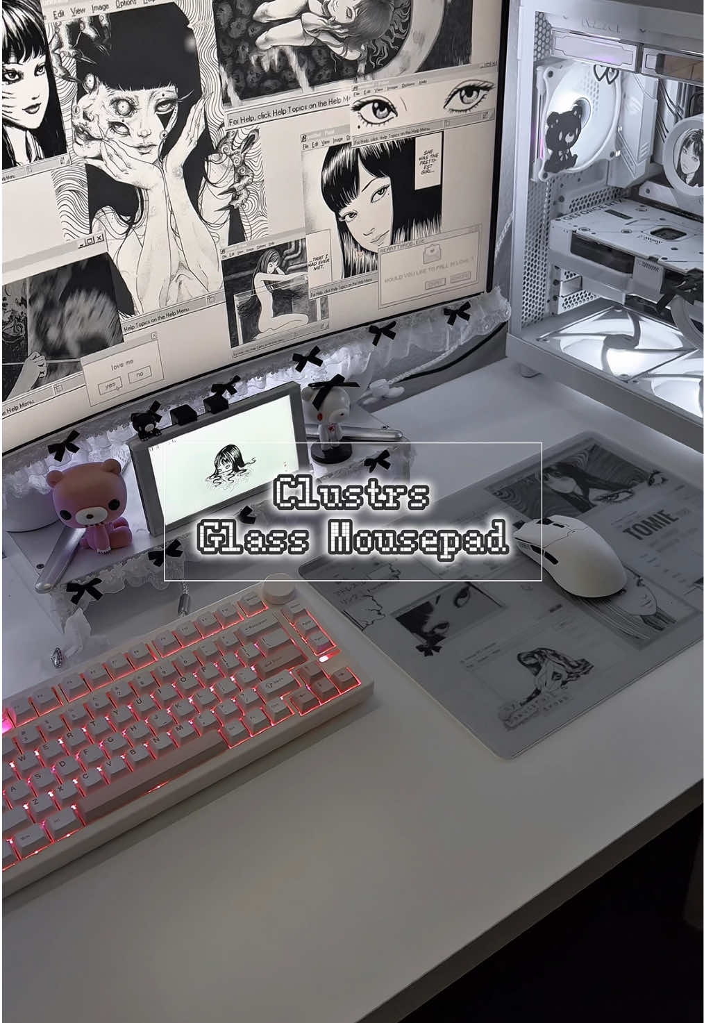 Designed my dream glass mousepad from @clustrs.official 🖤 check out their wide variety of glass mousepads with the LIB 🔗  #pcsetup #techtok #clustrs #whitesetup #fyp [gifted]