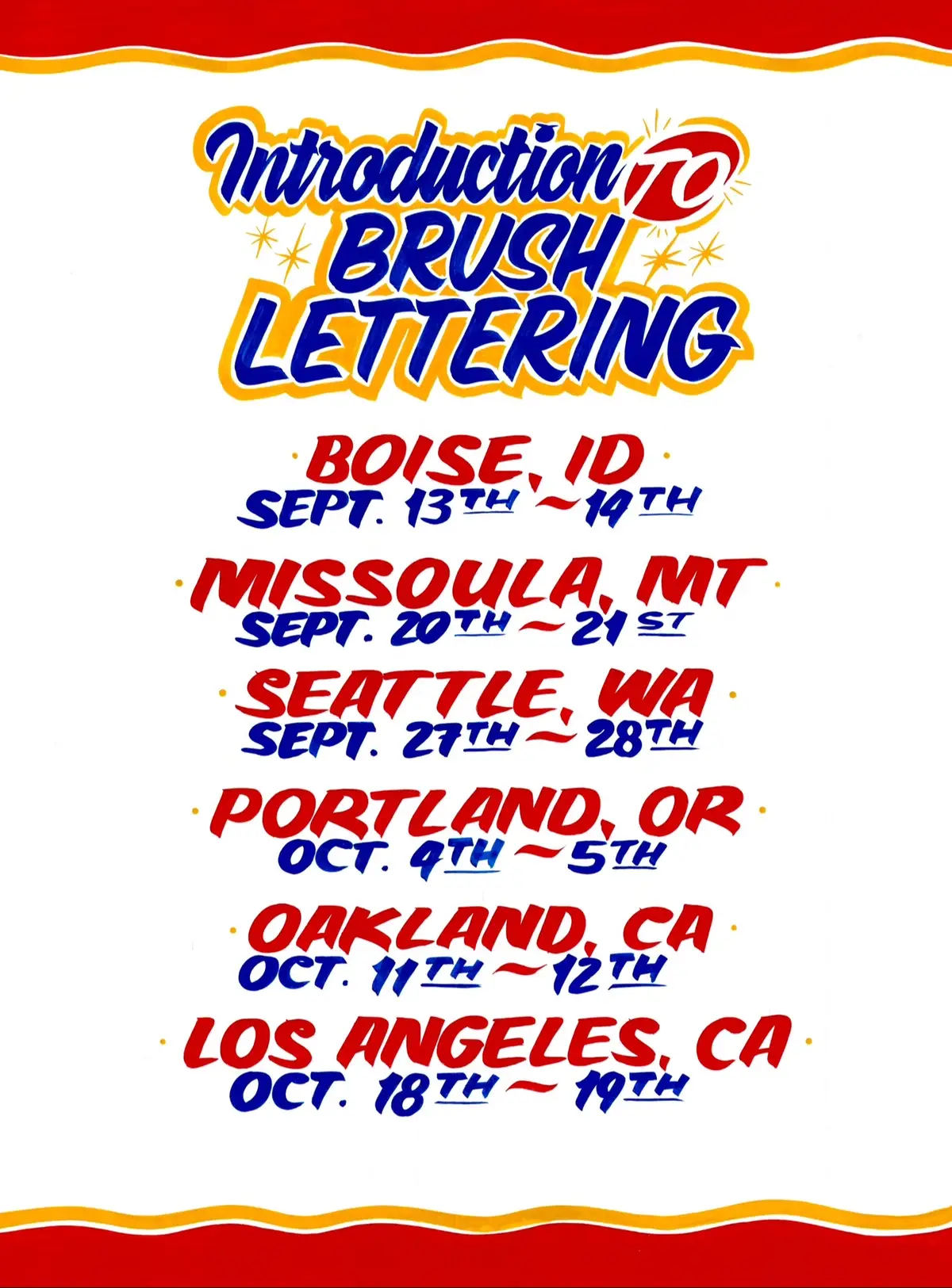 I’m hitting the road with my workshops and will be teaching in these cities during September and October! This time around, in addition to my Intro to Brush Lettering workshop, I’ll also be teaching a brand new Intermediate class for the first time.🖌️✨ ✦ INTRO TO BRUSH LETTERING (BEGINNER) A hands-on, 2-day workshop covering brush control, stroke practice, and the fundamentals of hand-painted lettering. Perfect for beginners — or anyone who’s never picked up a lettering brush. If you already have some experience, this class will help you refine your Block and Casual styles. ✦ SCRIPT & LETTERING EFFECTS (INTERMEDIATE) A 2-day workshop focused on brush script and the sign painter’s favorite effects: drop shadows, bevels, blends, and dimensional tricks. This class is designed for students with some brush lettering experience — it’s not for absolute beginners. 🕒 WORKSHOP HOURS: 10 AM – 6 PM each day 🎉 Sign up for both and get 25% off your total with code “4DAYS” at checkout! No need to bring anything — all supplies are provided. You’ll leave with your own hand-painted sign, plus some basic tools to keep practicing. Spots are very limited — click the link in my bio to sign up + get more details. Hope to see you there! 🖌️✨ #signpainting #alwayshandpainted #signpaintingworkshop