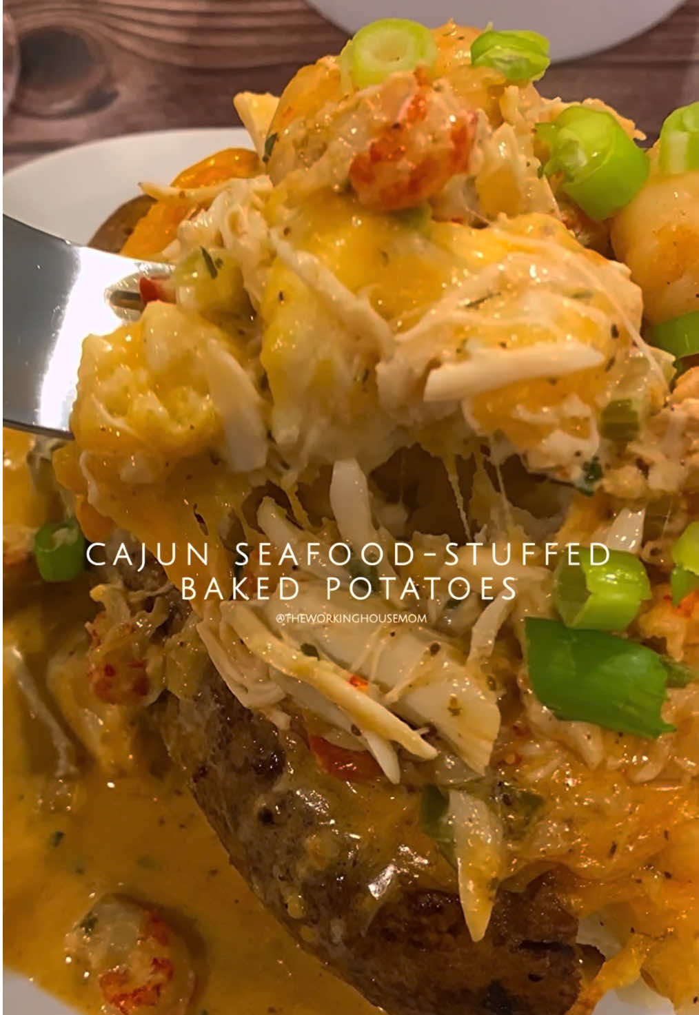 CRAWFISH & SHRIMP STUFFED POTATOES Servings: 4 SEAFOOD TOPPING 	•	1 lb. colossal shrimp, peeled & deveined 	•	8 oz. jumbo lump crab meat 	•	½ lb. crawfish tails (with fat) 	•	1 tbsp. garlic, minced 	•	2 tbsp. butter 	•	¼ cup green bell pepper, diced 	•	¼ cup red bell pepper, diced 	•	¼ cup onion, diced 	•	¼ cup celery, diced 	•	1 cup chicken broth 	•	1 cup heavy whipping cream 	•	3 oz. Philadelphia cream cheese 	•	2 tbsp. olive oil 	•	Green onion, sliced (for garnish) SEASONINGS (to taste) 	•	Salt & pepper 	•	Creole seasoning 	•	Old Bay seasoning 	•	Louisiana Cajun seasoning BAKED POTATOES 	•	4 Russet potatoes 	•	1 tbsp. olive oil 	•	2 oz. Philadelphia cream cheese 	•	8 oz. mild cheddar cheese, grated 	•	Salt & pepper, to taste #fyp #WHMHOME #cooking #pescatarian #seafood 