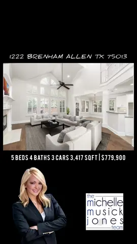 1222 Brenham Allen TX 75013 5 beds 4 baths 3 car 3,417 SqFt | $779,900 Immaculate home in Twin Creeks 2 on approx. one-third-acre lot with native trees in back! Fresh carpet and paint August 2025-all you have to do is move in! Hardwood floors in the family room, formal living room, and primary bedroom, and updated lighting, 8 ft. solid doors down. Formals are located off the entry. Office or 5th bedroom split with its own full bathroom. Two-story family room with soaring ceilings! Built-ins, a fireplace with a marble surround, and a wall of windows viewing the backyard and trees.  Don't miss the plantation shutters on all windows. Eight inch base moldings on bottom level, crown molding in almost every room, and fluted casings downstairs. The primary bedroom is split from the other rooms, has views of the trees, and a sitting area. Primary bathroom features separate vanities - one with a makeup area; a corner jacuzzi tub, and an updated shower with frameless glass. There are also 2, yes, 2 walk-in closets! There are three bedrooms, two full baths, and a gameroom upstairs. Beautiful landscaping, patio area, and side yard. Wood privacy fence on the sides, and wrought iron fence in the back.  
