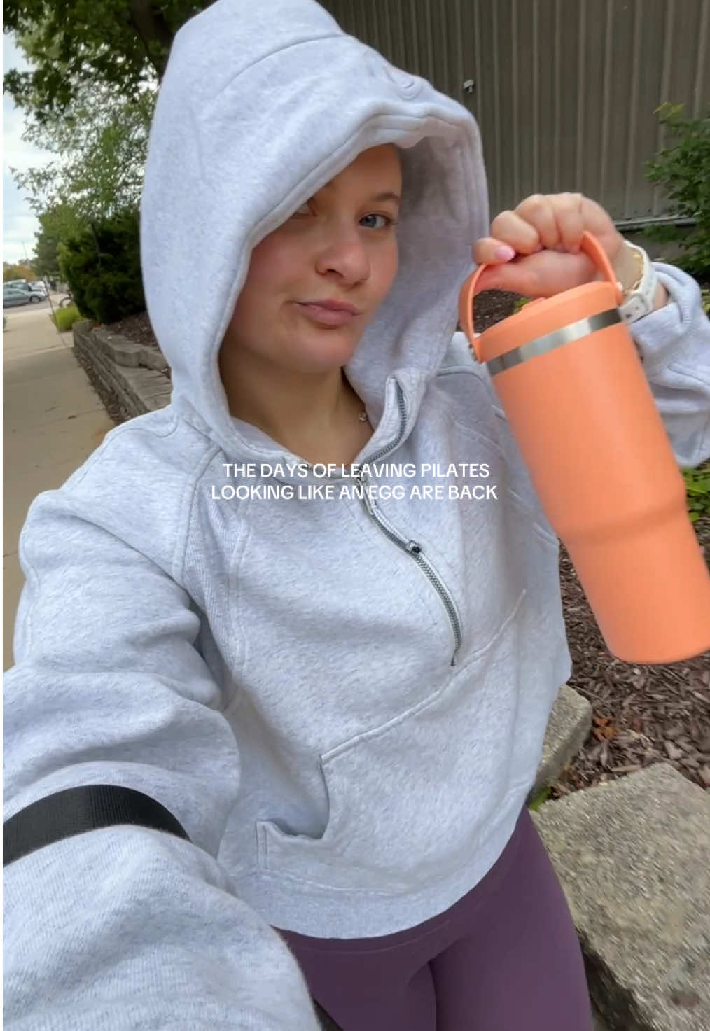the combo of sweaty pilates hair & crisp fall weather = hoodie up always #pilates #fall #pilatesworkout #dayinmylife 