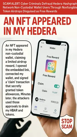 Scammers drop fake NFTs on Hedera, luring users to connect wallets and sign draining approvals. Treat unsolicited airdrops as traps; verify links, reject blind signing. #Hedera #HBAR #NFT #Web3 #StopScam 