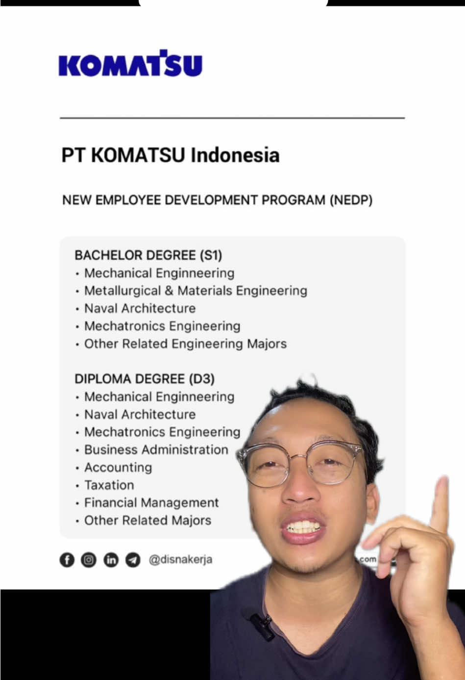 Lowongan Kerja PT KOMATSU Indonesia NEW EMPLOYEE DEVELOPMENT PROGRAM (NEDP) BACHELOR DEGREE (S1) • Mechanical Enginneering • Metallurgical & Materials Engineering • Naval Architecture • Mechatronics Engineering • Other Related Engineering Majors DIPLOMA DEGREE (D3) • Mechanical Enginneering • Naval Architecture • Mechatronics Engineering • Business Administration • Accounting • Taxation • Financial Management • Other Related Majors Lihat detail: https://www.disnakerja.com/lowongan-kerja-pt-komatsu-indonesia/ Deadline: 11 September 2025 #lokerterbaru #loker2025 #infoloker #carikerja #lowongankerja 