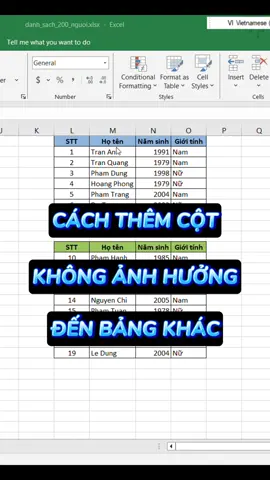 Cách thêm cột mà không ảnh hưởng đến bảng khác #daotaotinhoc #tinhocvanphong #tiptinhoc #excel #sachexcel 