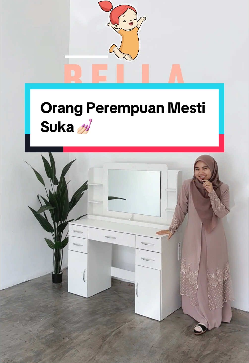 💄✨ DRESSING TABLE BELLA ✨💄 Orang perempuan confirm jatuh hati 😍 ✔️ Warna putih elegant ✔️ 7 laci simpan semua barang ✔️ Material particle wood kukuh ✔️ Ada port cas fon siap 🔌📱 Cantik + praktikal = wajib ada dalam bilik! 🪞✨ #dressingtable #dressingroom #mejamakeup #tiktokviral #fypage 