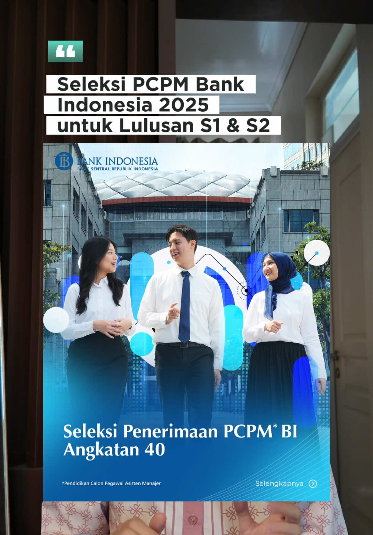Seleksi PCPM Bank Indonesia Angkatan 40 Tahun 2025 sudah resmi dibuka!! 👩🏻‍🎓Lulusan S1 (maks. usia 26 tahun) dan S2 (maks. usia 28 tahun) 📌Terbuka untuk berbagai Jurusan 📌 IPK min. 3.00 🗓️Periode pendaftaran: 7 - 12 September 2025 🔗Link Daftar: pcpm40rekrutmenbi.id #bankindonesia #pcpmbi #lokerbankindonesia #pcpmbi2025 #lokerterbaru 