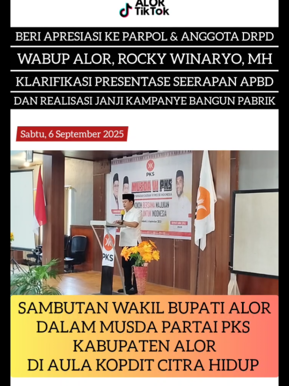 Beri Apresiasi Ke Parpol & Anggota DPRD Kabupaten Alor, Wabub Alor @ROCKY WINARYO Klarifikasi Persentase Serapan Anggaran dan Realisasi Janji Kampanye Bangun Pabrik di Alor.  Video: Sambutan Wakil Bupati Alor 