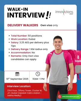 We are hiring 50 Delivery Walkers in Dubai! Own visa only. Earn 3.25 AED per delivery + tips. Work within 1 KM area. Walk-in interview on Wednesday 10th Sep, 2025. Read poster for more details 