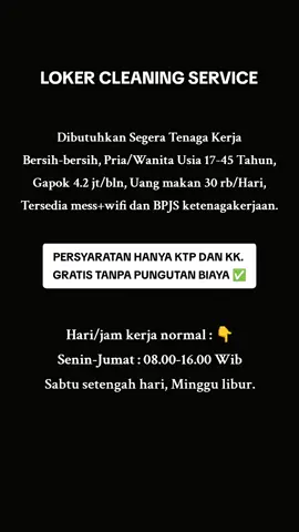 Lowongan kerja Cleaning Service, ayo Daftarkan diri anda sekarang juga. #infoloker #cleaningservice #lokerjakarta #foryoupage #fyp 