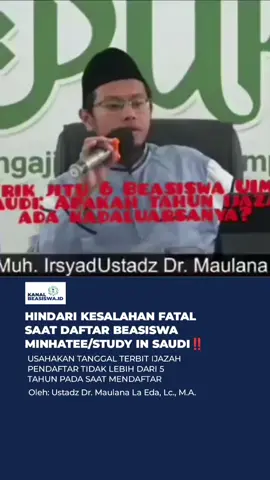 Tips 6 Pendaftaran Beasiswa Universitas Islam Madinah (UIM) & Kampus di Arab Saudi   Ijazah antum usahakan tidak lebih dari 5 tahun saat mendaftar.   Ijazah yang terlalu lama bisa jadi kendala besar dalam seleksi.   Butuh terjemah berkas resmi tersumpah untuk pendaftaran?   Cek link di bio.   Nantikan Tips berikutnya.   #StudyInSaudi #StudyAbroad #UIM #Minhatee #Makkah 