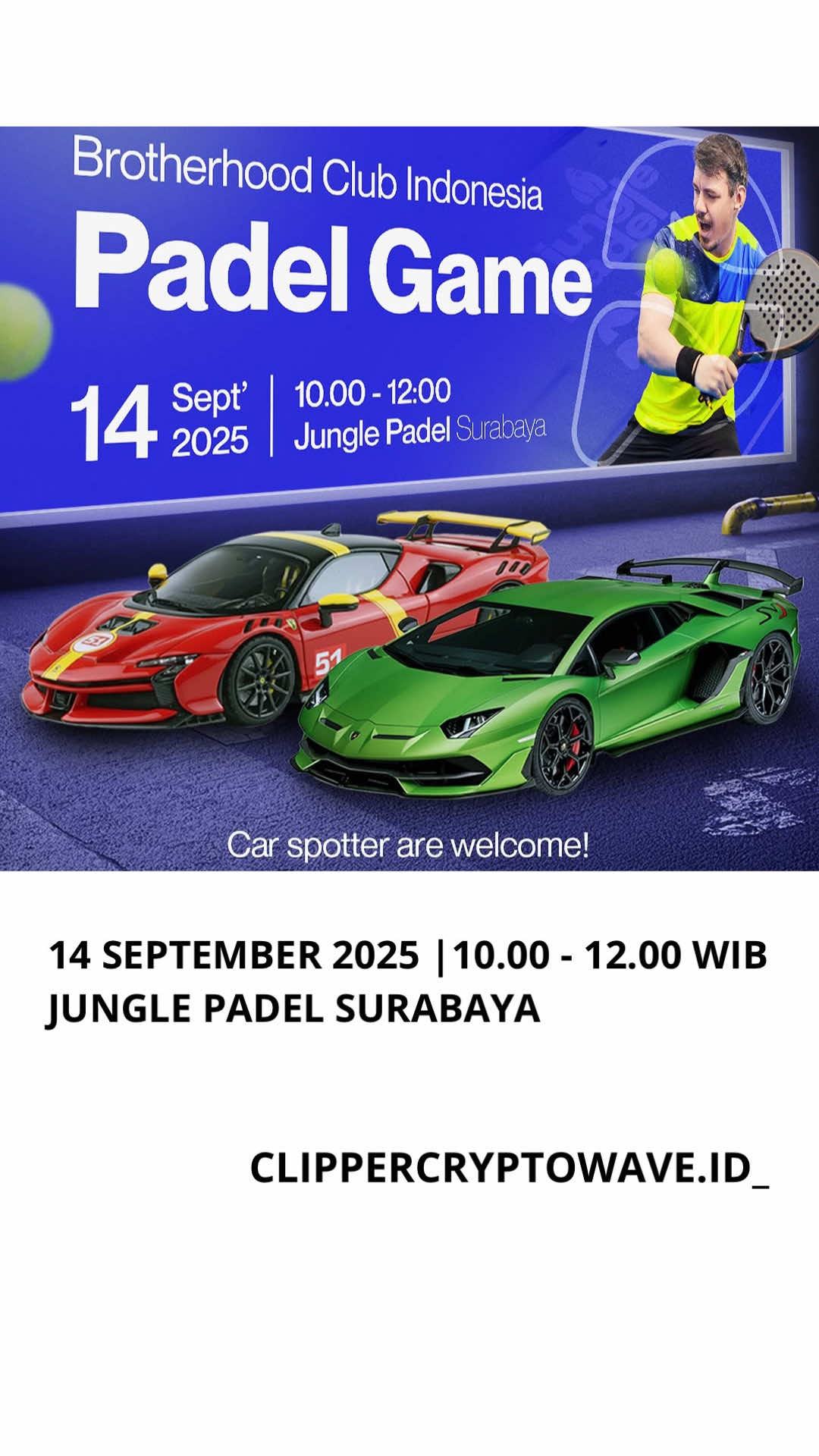 Padel Day Alert!🚨 Bareng Brotherhood Club Indonesia, TRIV takeover Jungle Padel buat Sunday morning yang seru banget. Bukan cuma olahraga, tapi juga kumpul komunitas pecinta supercar-yes, bakal ada Ferrari & Lamborghini yang siap bikin suasana makin panas🔥 📅14 Sept 2025 | 🕙 10 AM - 12 PM 📍Jungle Padel Surabaya Oh iya, buat kalian para car spotters, jangan sampai ketinggalan ya! #gabrielrey #cryptowave 