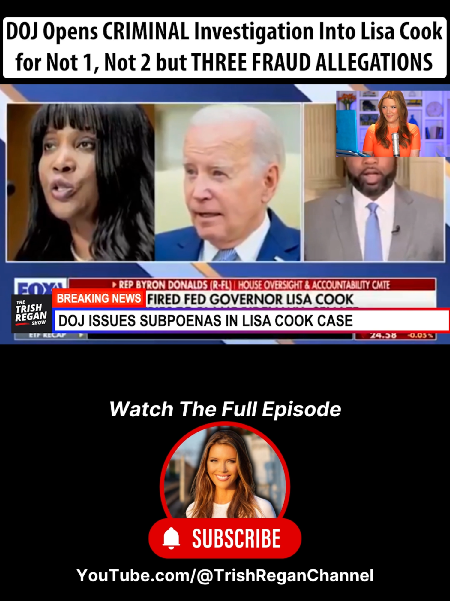 The DOJ has officially opened a criminal investigation into Lisa Cook over three separate fraud allegations. Subscribe and watch the FULL show at YouTube.com/@TrishReganChannel. #trishregan #trishreganshow