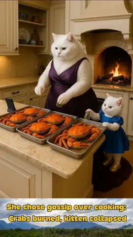 She chose gossip over cooking : Crabs burned, kitten collapsed #cutecats #funnycatshorts #catstories #ai #aifusic 