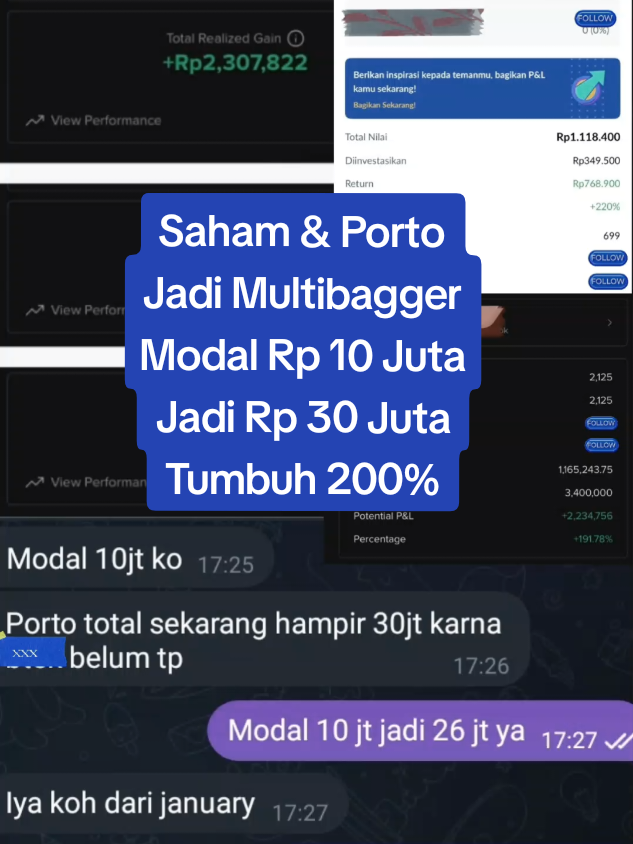 Saham Multibagger biasa, tapi kalau Portofolio juga jadi Multibagger itu baru luar biasa.  Ini bukti trading saham punya member swing trading pertumbuhan Porto 200%. #saham #sahampemula #multibagger #bager #fyp 