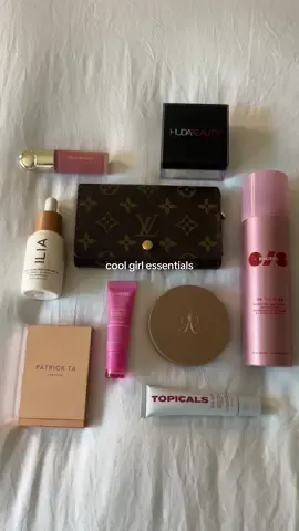 cool girl essentials 🤍🍸💋 #girlessentials #makeup #coolgirlaesthetic #styleinspo #aesthetic   @Rare Beauty @Huda Beauty @ONE SIZE BEAUTY @ILIA Beauty @Louis Vuitton @laneige_us @Anastasia Beverly Hills @Patrick Ta Beauty @TOPICALS 