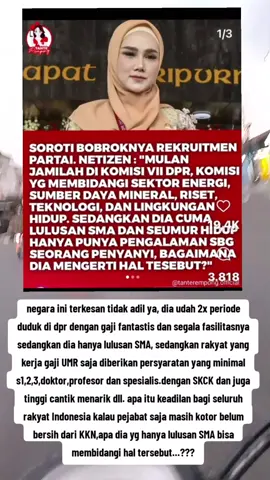 MULAN JAMEELA ISTRI AHMAD DHANI DIMINTA MUNDUR DARI ANGGOTA DPR RI, DIANGGAP KURANG MUMPUNI ---------------------------------------- Mulan Jameela saat ini menjabat sebagai Anggota DPR RI dari Fraksi Partai Gerindra, mewakili Daerah Pemilihan Jawa Barat XI untuk periode 2024–2029. Ibu tiga anak tersebut bekerja untuk Komisi VII DPR RI yang membidangi energi dan sumber daya mineral, riset dan teknologi, serta lingkungan hidup. Menurut Lita Gading, psikolog yang tengah berseteru dengan Ahmad Dhani, Mulan Jameea dinilai kurang mumpuni untuk membidangi Komisi VII. 
