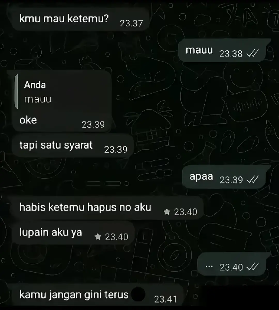 dihari terakhir kita bertemu aku berusaha menatapmu dengan benar, mataku sibuk merekam wajah mu, telinga ku sibuk mendengar suara mu, agar suatu saat ketika aku merindukanmu, memori ku masih memiliki sedikit ingatan ingatan tentang wajah dan suara yg kulihat dan ku dengar untuk yg terakhir kali nya hari itu, aku belum benar-benar bisa melepaskanmu, lelah rasanya aku dipaksa untuk berpura pura mengikhlaskan mu, terimakasih telah hadir, walau hanya sebentar... setidaknya aku dan kamu pernah ada menjadi (kita)
