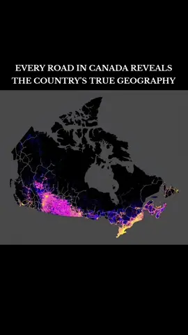 This is EVERY road in Canada and it shows how empty the country really is! Look at that massive black area in the north with zero roads. Most of Canada is completely inaccessible by car. The road network is concentrated along the US border!