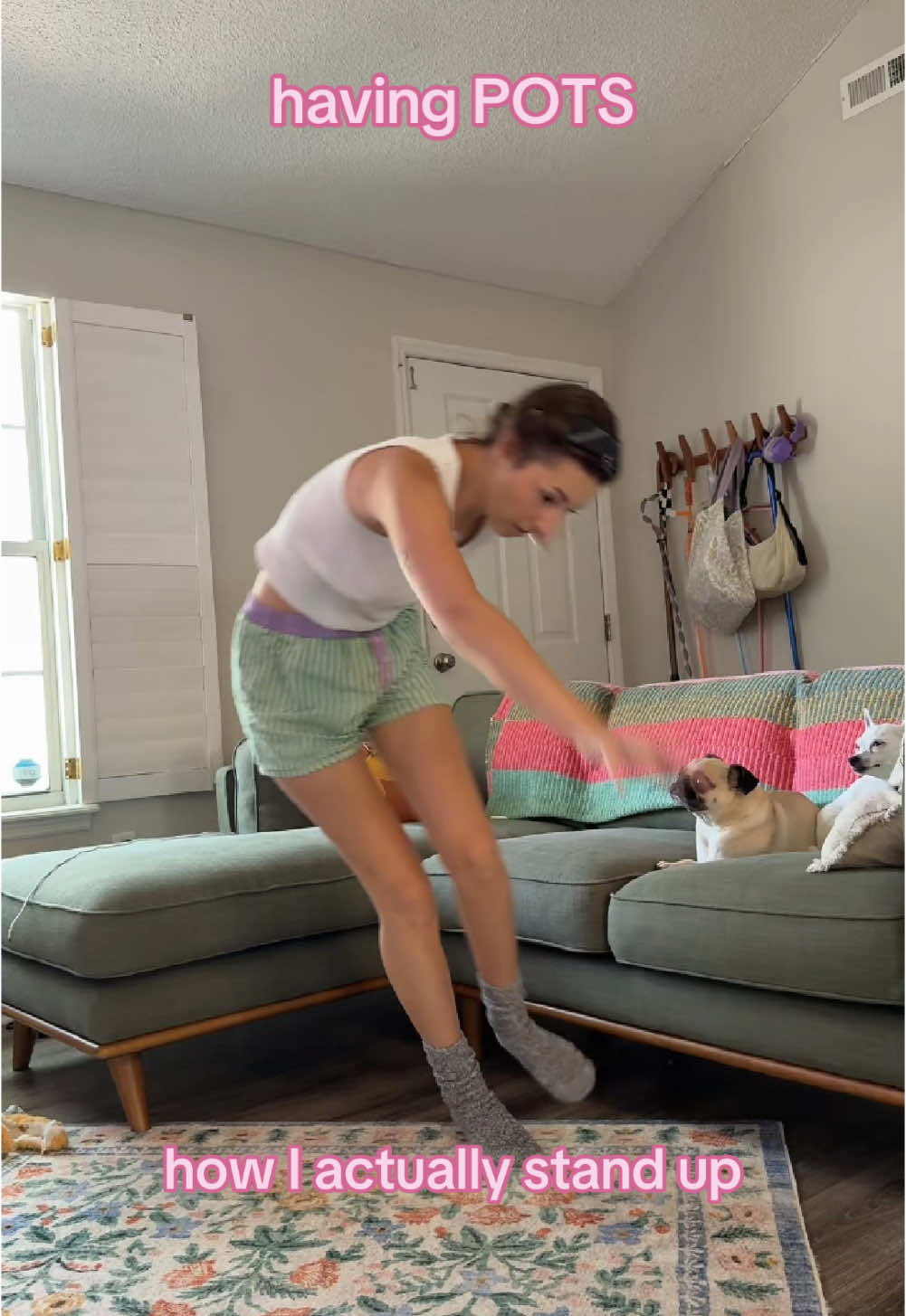 I legitimately had a “POTS specialist” tell me that if I just squeezed my legs before I stand up then I’ll be fine and won’t be symptomatic🙂   VD: Tayler, a young white thin woman with medium length brown hair, shows herself getting off the couch two ways: once calmly and squeezing her legs, and the other with a glitch effect very chaotically. The text reads, “having pots: how my doctors and family think I get up vs how I actually get up”   #pots #posturalorthostatictachycardiasyndrome #eds #heds #orthostatichypotension 